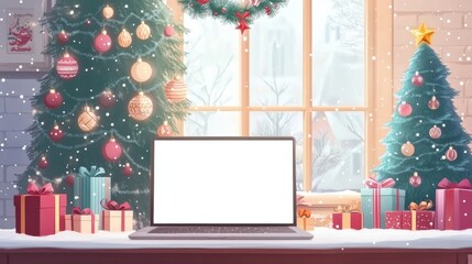 Wall Mural - Laptop computer with white blank empty mock up screen on Merry Christmas table with presents gifts, decorated Xmas tree in Santa house background. Ecommerce website online shopping delivery ads. illu