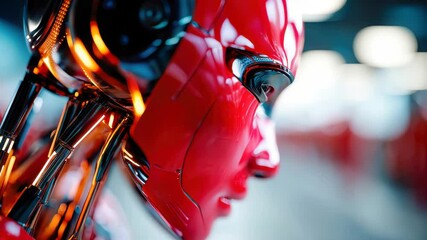 Poster - Close-up of a glossy red humanoid robot head with reflective surfaces and exposed inner mechanisms in a futuristic setting