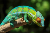 A vibrantly hued chameleon gripping a tree limb, showcasing its detailed, shifting skin patterns, native to tropical regions, isolated against a soft-focus background.	