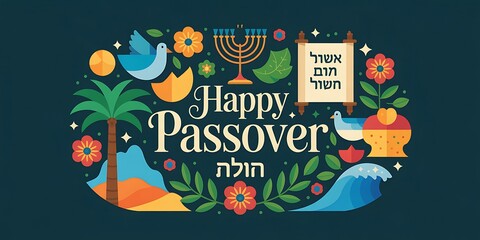 Passover vector illustration featuring a circular arrangement of traditional symbols including menorah, matzah, wine glasses, Hebrew text dark teal background representing the Jewish holiday of Pesach