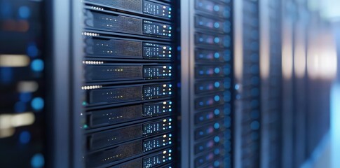 Aufkleber - Close up of data center servers with indicator lights, highlighting secure network technology, ideal for IT infrastructure, performance systems, and innovation themes
