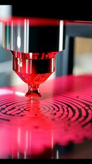 Poster - Close-up of a futuristic fingerprint scanner glowing with red light on a circuit board, emphasizing biometric security technology