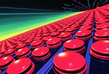 Fototapete - Vibrant red buttons creating a dynamic visual effect in a futuristic landscape