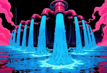 Fototapete - Vibrant illustration of colorful pipes releasing flowing water in a surreal setting