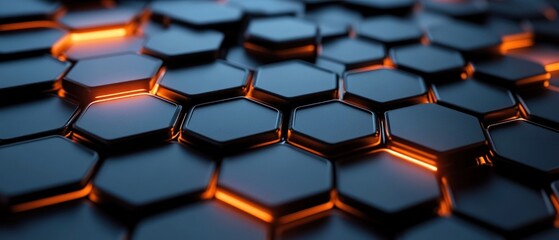 Poster - Abstract Hexagonal Structure: Glowing Orange and Dark Blue Geometric Pattern