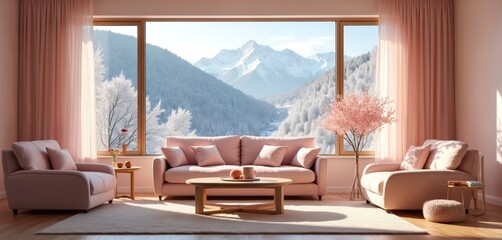 Poster - Elegant country home interior, warm pastel pink color palette with set of furniture, wooden floor. Large window winter mountain scenery with snow covered trees, peaks. Luxury apartment for relaxation.
