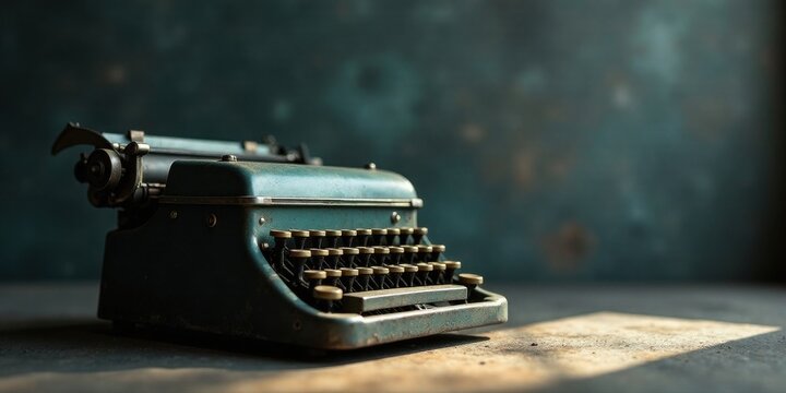 An aged typewriter rests on a weathered surface, bathed in soft sunlight, a nostalgic symbol of classic writing and storytelling.