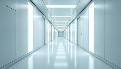 Aufkleber - Futuristic hospital corridor with neon lights. White walls, doors create modern medical interior. Clean sterile environment. Healthcare, technology. Empty perspective.