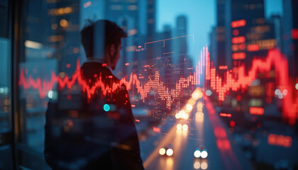 Leinwandbilder - Financial services office workspace. Silhouette of businessman watching stock market data chart reflected on window. Modern business investment concept. Financial success, corporate, market, trading,