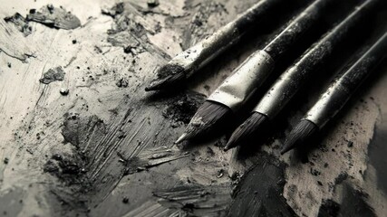 Aufkleber - A collection of paintbrushes arranged on a table surface