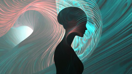 Poster - Woman with colorful swirls surrounding her face against a dreamy swirly background of vibrant hues