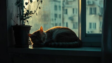 Poster - A domestic cat relaxes on a windowsill next to a small potted plant