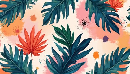 Aufkleber - Abstract tropical pattern with palm leaves, splashes, brushstrokes in pink, orange, blue, green. Summer design ideal for textile, wallpaper, fabric, digital art, print, graphic design decorative