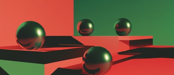 Poster - Abstract Green and Red Spheres on Geometric Platforms: A Minimalist 3D Render