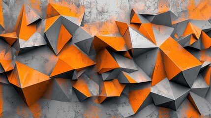 Poster - an abstract geometric pattern featuring a three-dimensional arrangement of orange and gray triangula