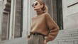 © Architect - woman wearing mocha mousse colored cashmere sweater paired with tweed trousers, fashion forward urban style, 2025 color
