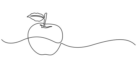 Aufkleber - Apple with leaf continuous one line drawing, Black and white, Continuous one line drawing of an apple outline in minimalist black and white style for modern wall art vector.
