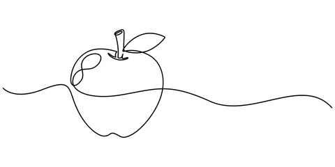 Aufkleber - Apple with leaf continuous one line drawing, Black and white, Continuous one line drawing of an apple outline in minimalist black and white style for modern wall art vector.