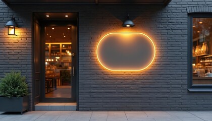 Aufkleber - Exterior view of shop restaurant with blank signage. Empty neon sign on brick wall. Cafe entrance, business, promotion, branding concept. Advertisement, marketing. Bakery, bistro bar front. Evening
