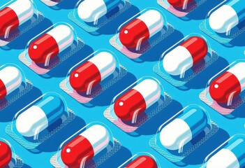 Fototapete - Colorful capsules arranged in a repeating pattern on a blue background