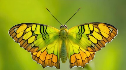 Poster - A yellow butterfly perches on the leaves of a green plant, showcasing its vibrant color and delicate features
