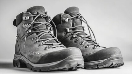 Poster - A pair of hiking boots placed on a table, ready for use