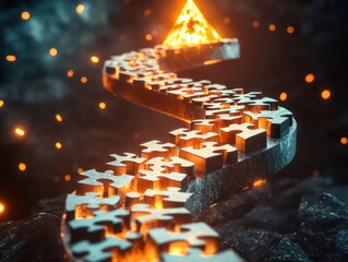 a conceptual design featuring a winding staircase made of puzzle pieces leading upward toward a glow