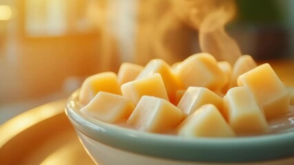 Poster - A bowl filled with cubed cheese sitting on a table