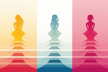 Poster - Three female silhouettes in yellow, blue, pink, symbolizing femininity, diversity, elegance, beauty, empowerment, artistic expression, abstract fashion, strength, creativity.