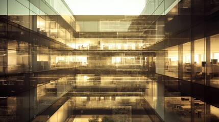 Poster - Modern glass building with digital grid overlay