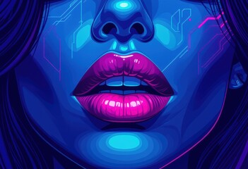 Fototapete - Futuristic digital art of a woman's lips with neon colors and patterns