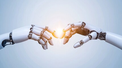 Poster - The futuristic connection: Two robotic hands reaching towards each other, symbolizing technological advancement and the potential for human-robot collaboration.