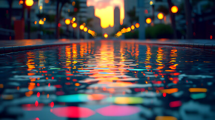 Poster - Colorful City Lights Reflecting in Wet Pavement at Night