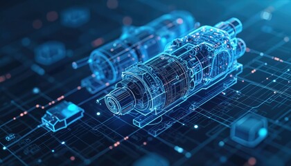 Fototapete - Futuristic tech blueprints with complex geometric shapes. Technical illustration of engineering innovation, digital circuit design with blue lines on dark background, creative illustration. Modern