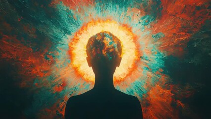 Poster - Man with bright explosion of energy and light radiating from his head in a creative conceptual portrait