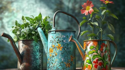 Poster - Three watering cans filled with flowers on a table