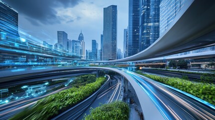Poster - Futuristic Cityscape:  Data Streams and Urban Expressway