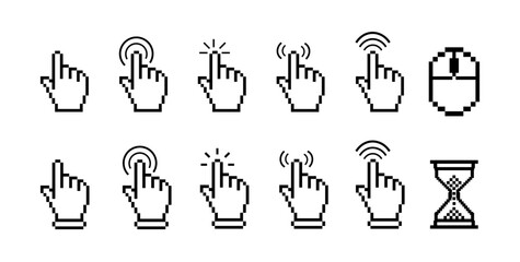 Fototapete - pixel cursor icon set including arrow, hand pointer, click effect, hourglass, and magnifier. classic