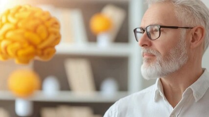 Poster - Contemplative Mind: A thoughtful senior man with glasses gazes into the distance, an illustrated brain superimposed nearby, representing mental processes, intelligence and knowledge