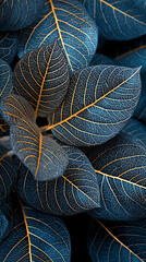 Aufkleber - Close-up of dark blue leaves with gold veins, showcasing intricate leaf structure.  Represents nature's elegance, perfect for luxury or botanical themes.