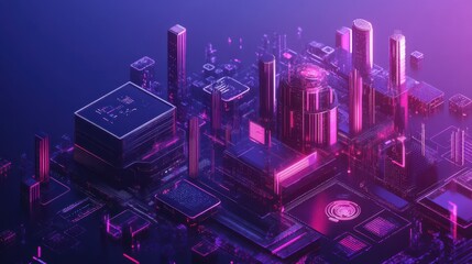 Poster - Isometric global digital technology landing page. Big data, cloud information storage, global transferring technology and remote access concept on ultraviolet background. Vector 3d illustration. illu