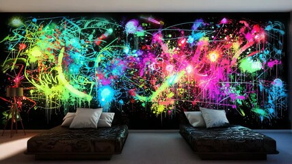 Poster - Cozy bedroom featuring a vibrant large wall mural that adds color and character to the space