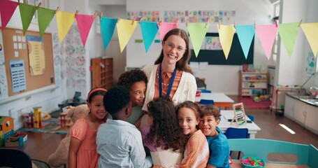 Poster - Teacher, face and hug children in classroom, school and support with growth development at academy. Education, portrait and embrace with kids, students gratitude and love for learning knowledge