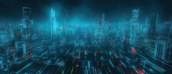 Poster - Futuristic cityscape digital grid technology