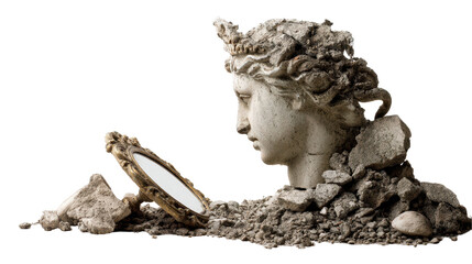 Ancient sculpture with a broken mirror reflection. transparent background