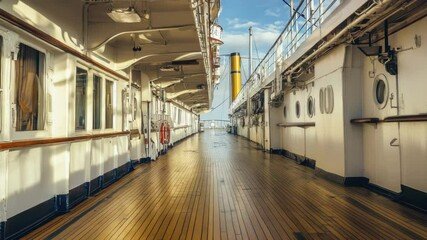 Poster - A long hallway on a cruise ship with wooden floors, great for travel and vacation scenes