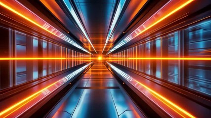 Poster - Futuristic corridor featuring blue and orange neon lights with dynamic motion effects, Blue and orange neon spaceship corridor technology game sport Sci Fi product display