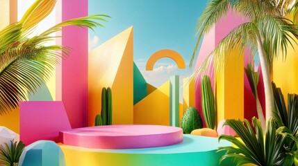 Poster - Vibrant Abstract Landscape with Geometric Shapes and Bold Colors of Yellow, Pink, and Green