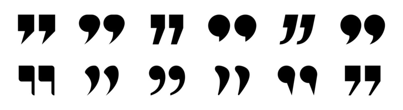 Set of inverted commas icons in black color. Set of quotation mark for quote, text, symmetry, speech bubble vector silhouette.