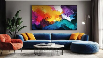 Poster - Colorful abstract painting on wall above luxurious blue velvet sofa in modern living room setting